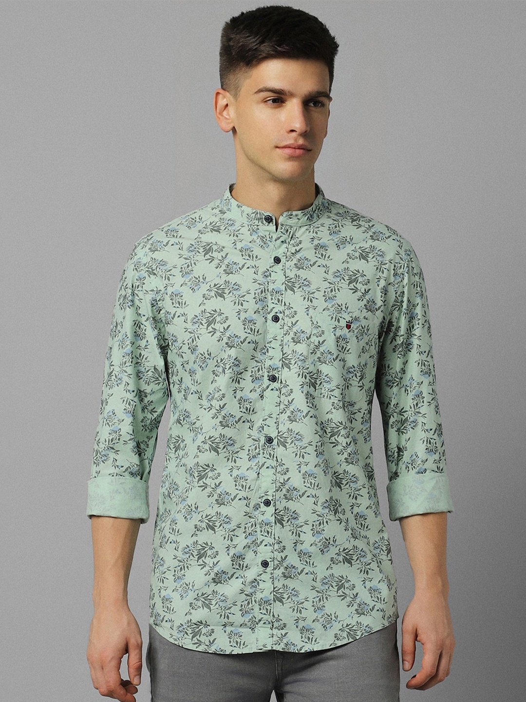 

Louis Philippe Jeans Slim Fit Floral Printed Mandarin Collar Pure Cotton Casual Shirt, Green