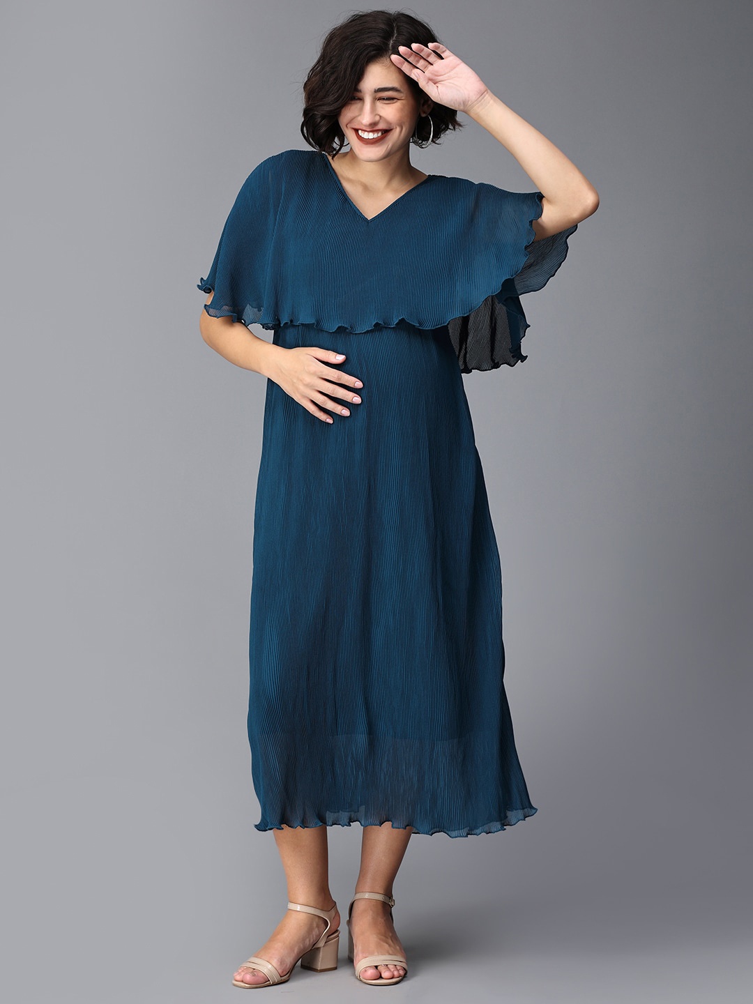 

The Mom Store Accordion Pleats Georgette Maternity A Line Midi Dress, Teal
