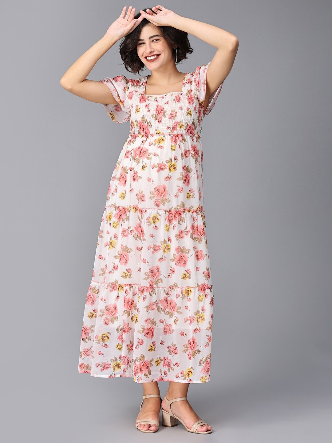 

The Mom Store Floral Printed Smocked Georgette Maternity A Line Maxi Dress, White