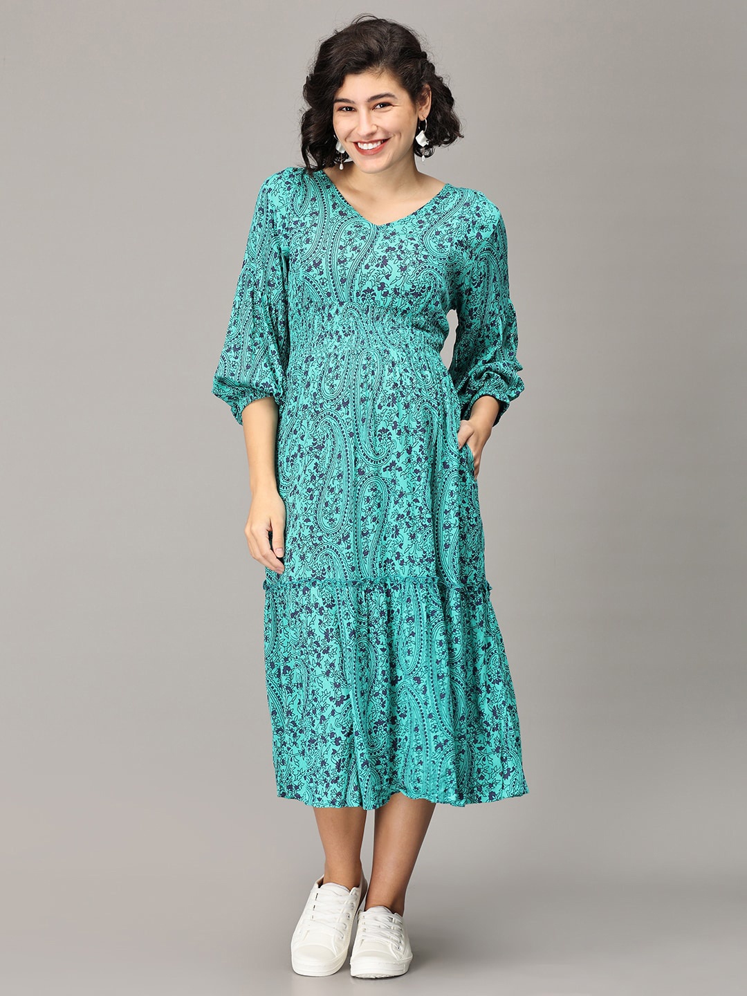 

The Mom Store Floral Printed Tiered Smocked Maternity Empire Midi Dress, Teal