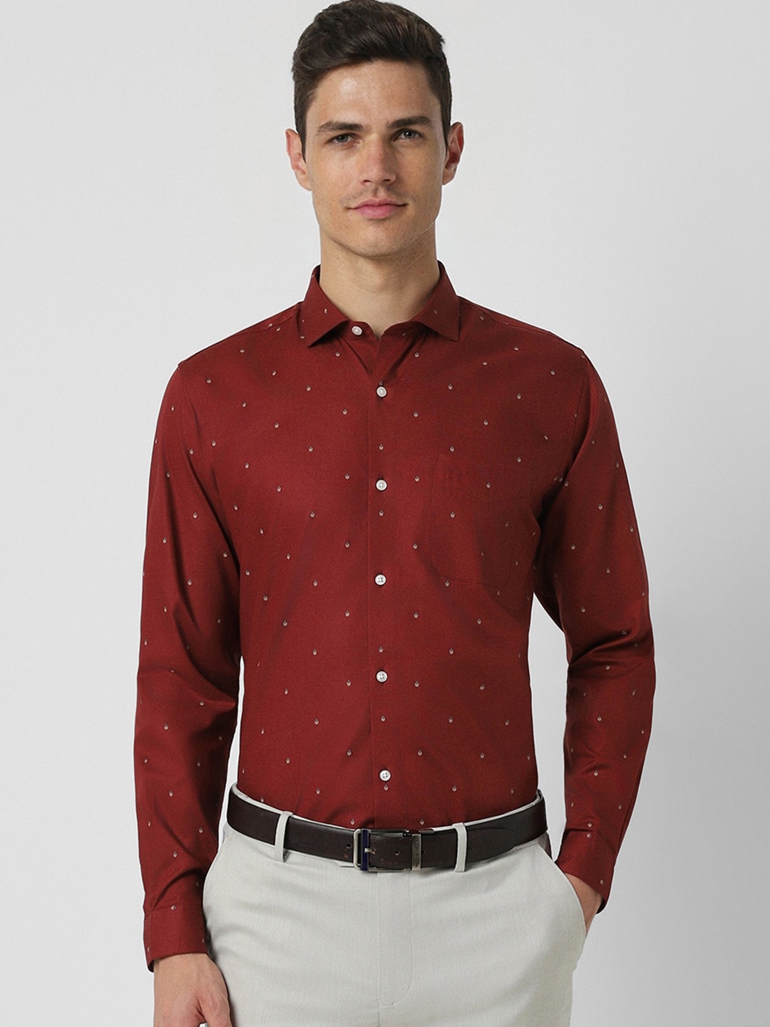 

Peter England Micro Ditsy Printed Slim Fit Opaque Pure Cotton Printed Formal Shirt, Maroon