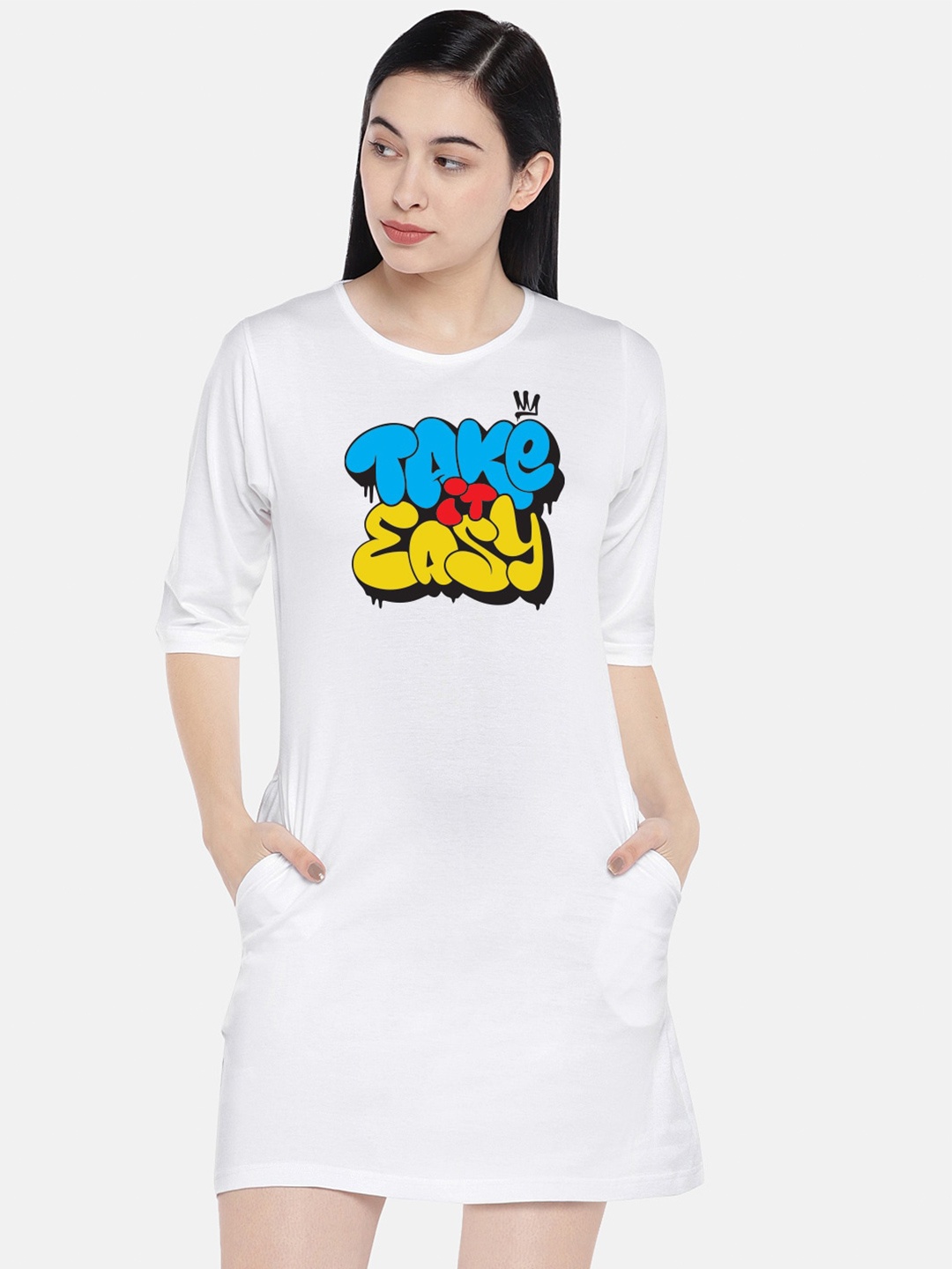

STATUS MANTRA Typography Printed Cotton T-shirt Dress, White