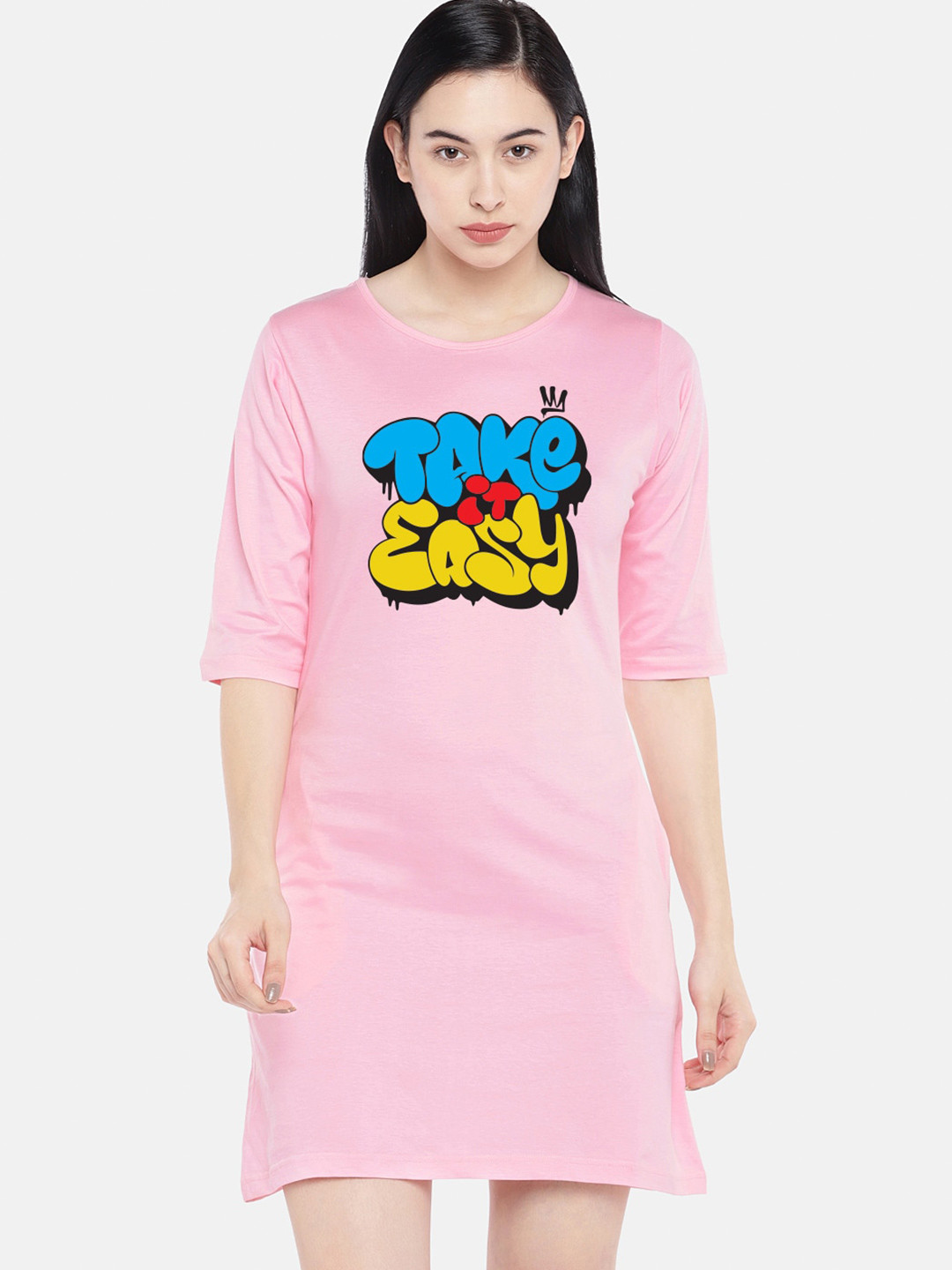 

STATUS MANTRA Typography Printed Cotton T-shirt Dress, Pink