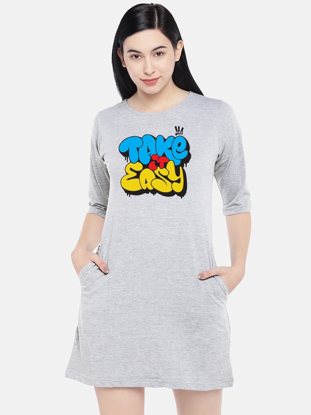 

STATUS MANTRA Typography Printed Cotton T-shirt Dress, Grey