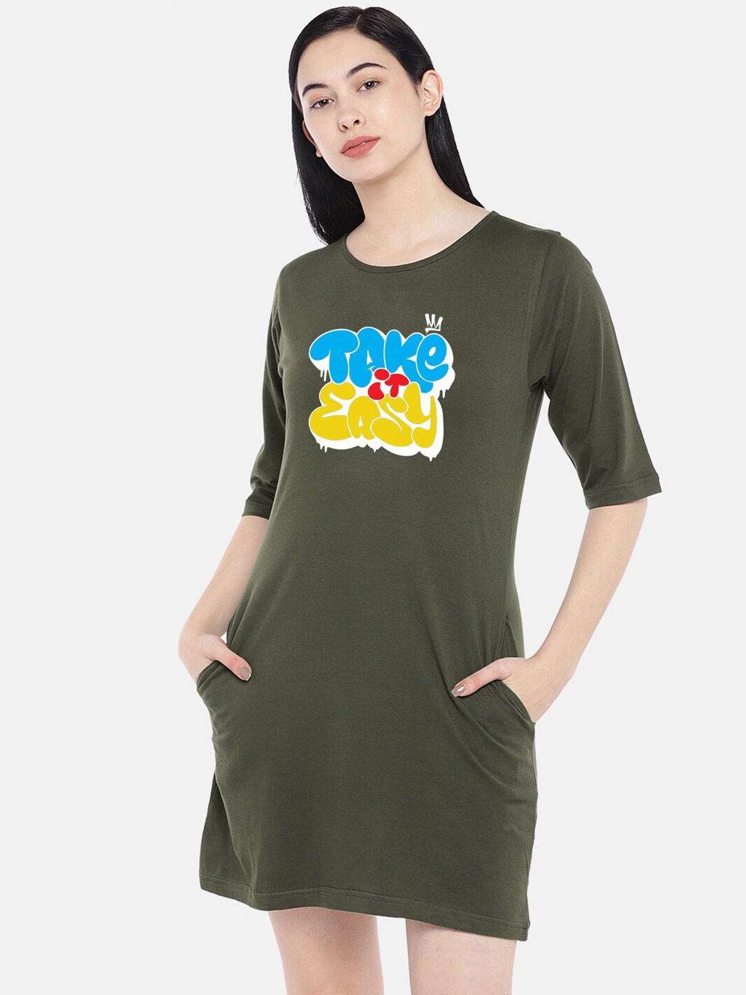 

STATUS MANTRA Typography Printed Cotton T-shirt Dress, Olive