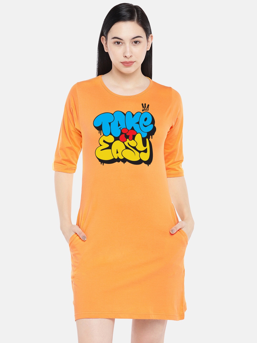 

STATUS MANTRA Typography Printed Pure Cotton T-Shirt Dress, Yellow