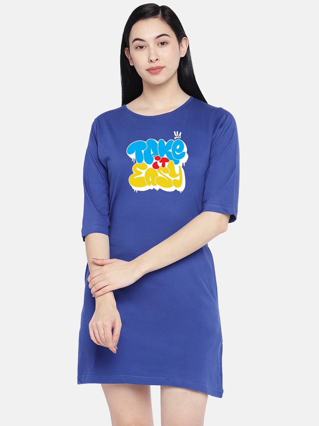 

STATUS MANTRA Typography Printed Cotton T-shirt Dress, Blue