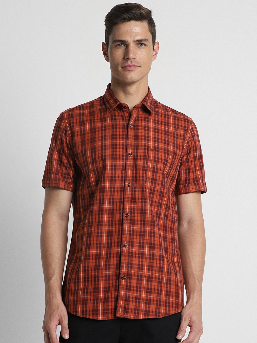 

Peter England Casuals Slim Fit Tartan Checked Pure Cotton Casual Shirt, Orange