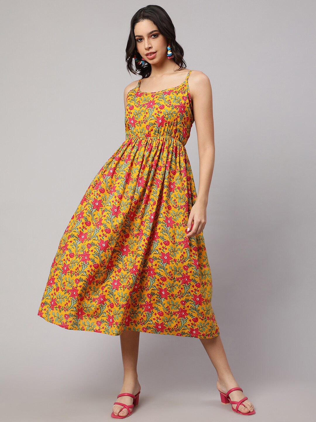 

SAK JAIPUR Floral Printed Cotton Fit & Flare Midi Dress, Mustard