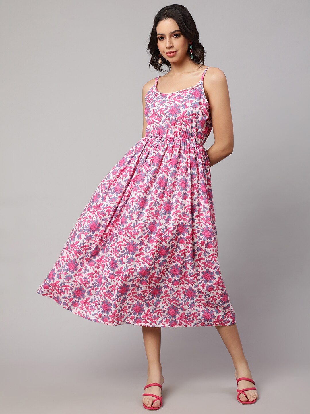 

SAK JAIPUR Floral Printed Cotton Fit & Flare Midi Dress, Pink
