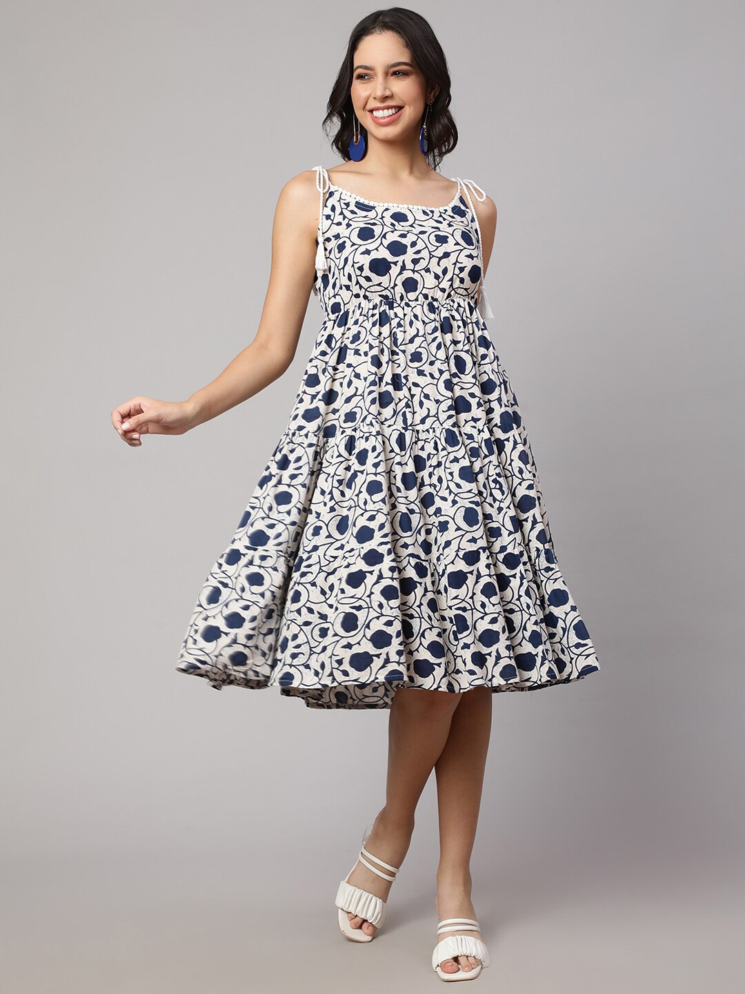 

SAK JAIPUR Floral Printed Cotton Fit & Flare Midi Dress, White