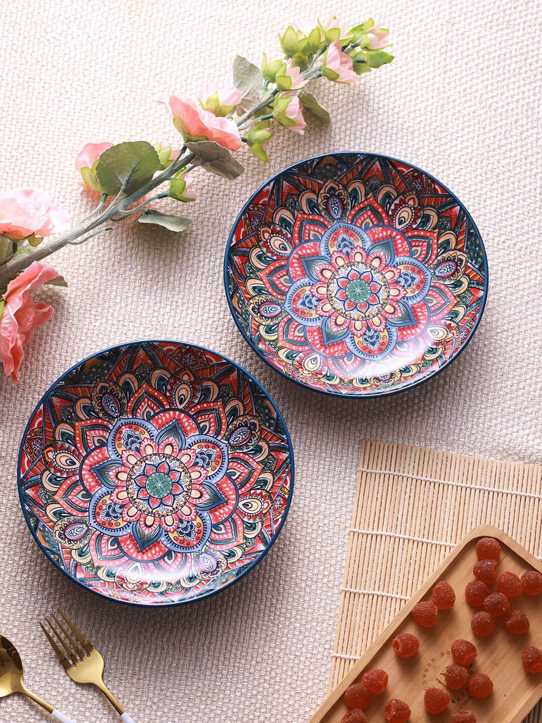 

TIED RIBBONS 2 Pieces Microwave Safe Ceramic Printed Serving Plates - 750ml, Blue