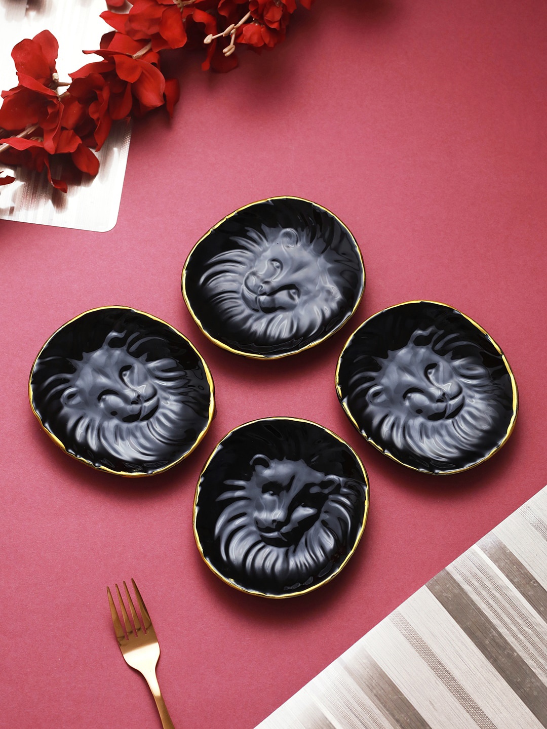 

TIED RIBBONS Black White 4 Pieces Microwave Safe Ceramic Serving Plates