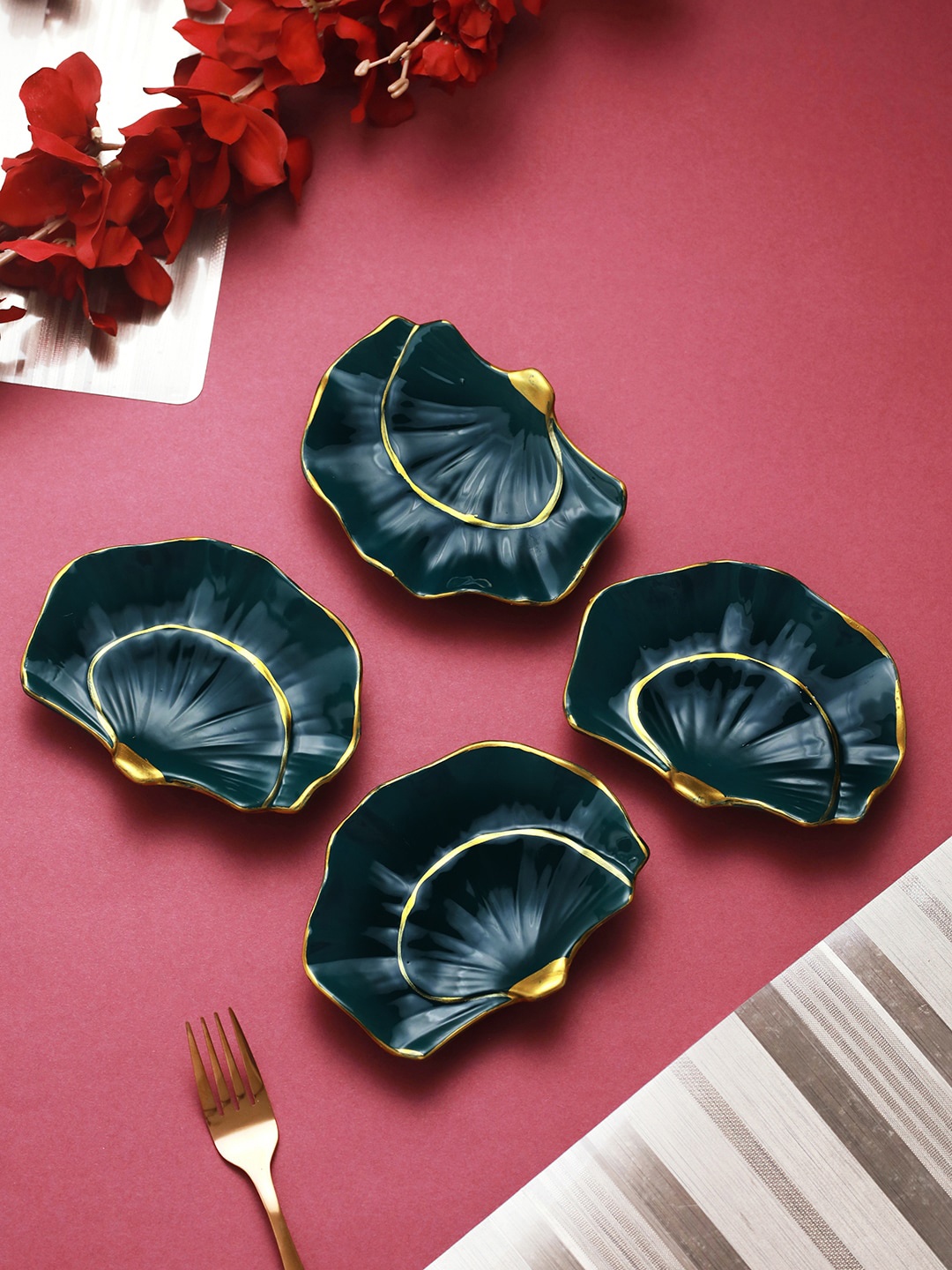 

TIED RIBBONS 4 Pieces Microwave Safe Ceramic Serving Plates - 350 ml each, Teal