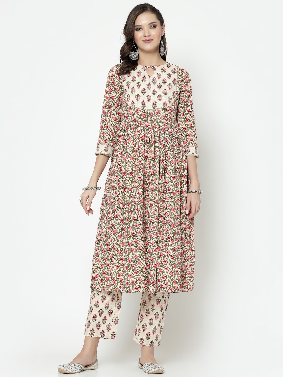 

KALINI Women Beige Floral Printed Pleated Gotta Patti Kurta with Trousers