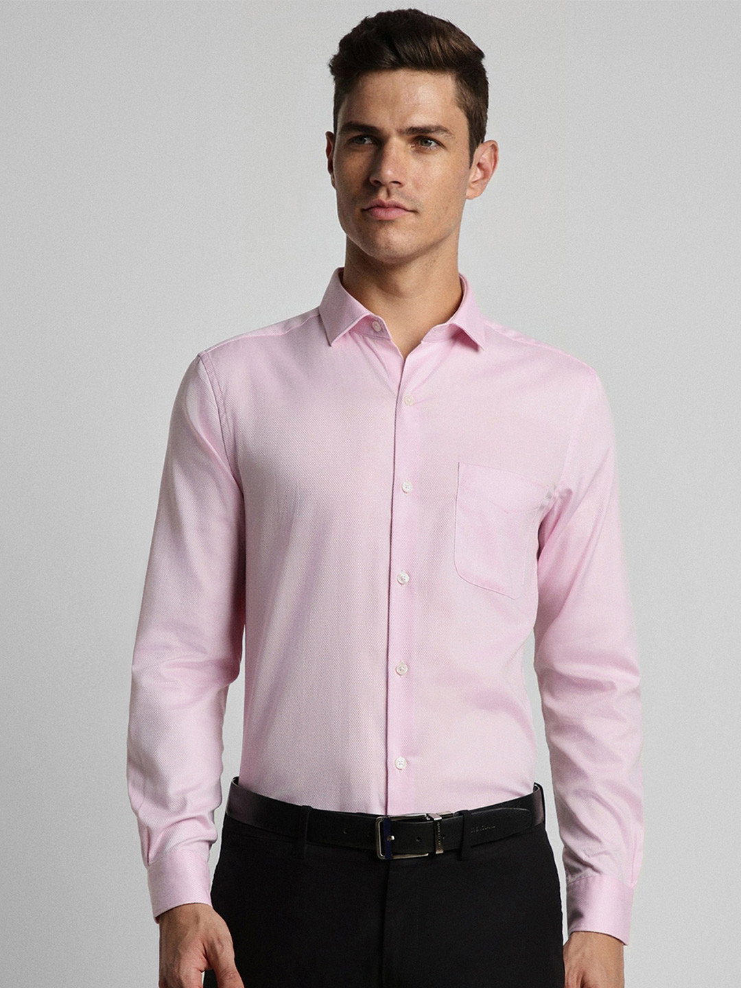 

Peter England Elite Slim Fit Opaque Self Design Pure Cotton Formal Shirt, Pink