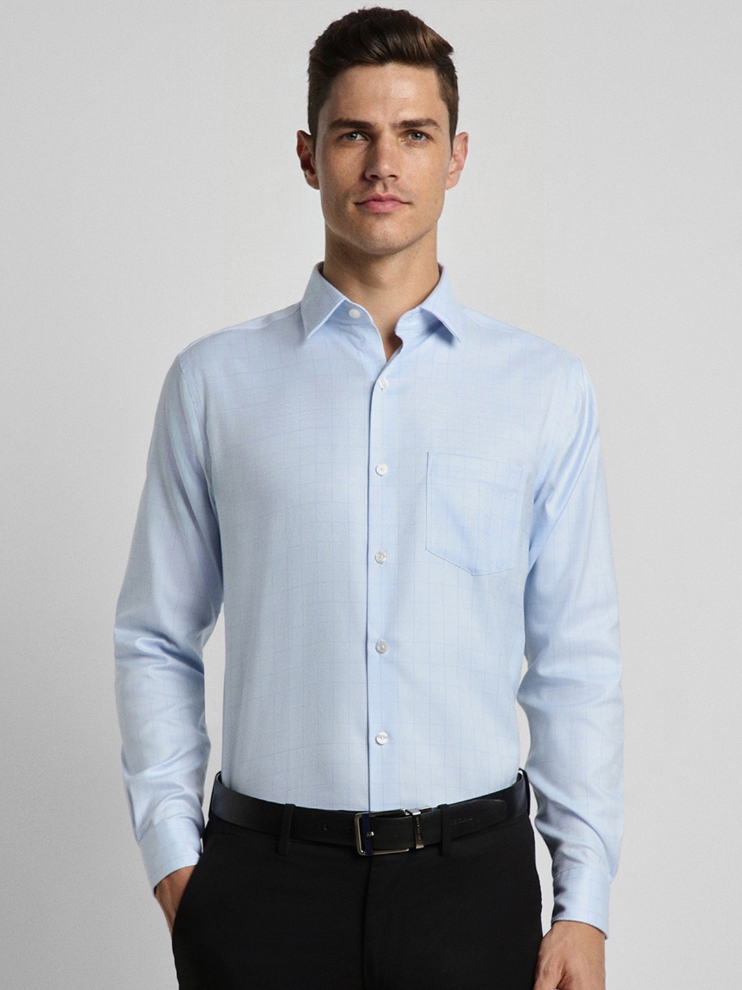 

Peter England Elite Opaque Self Design Pure Cotton Formal Shirt, Blue