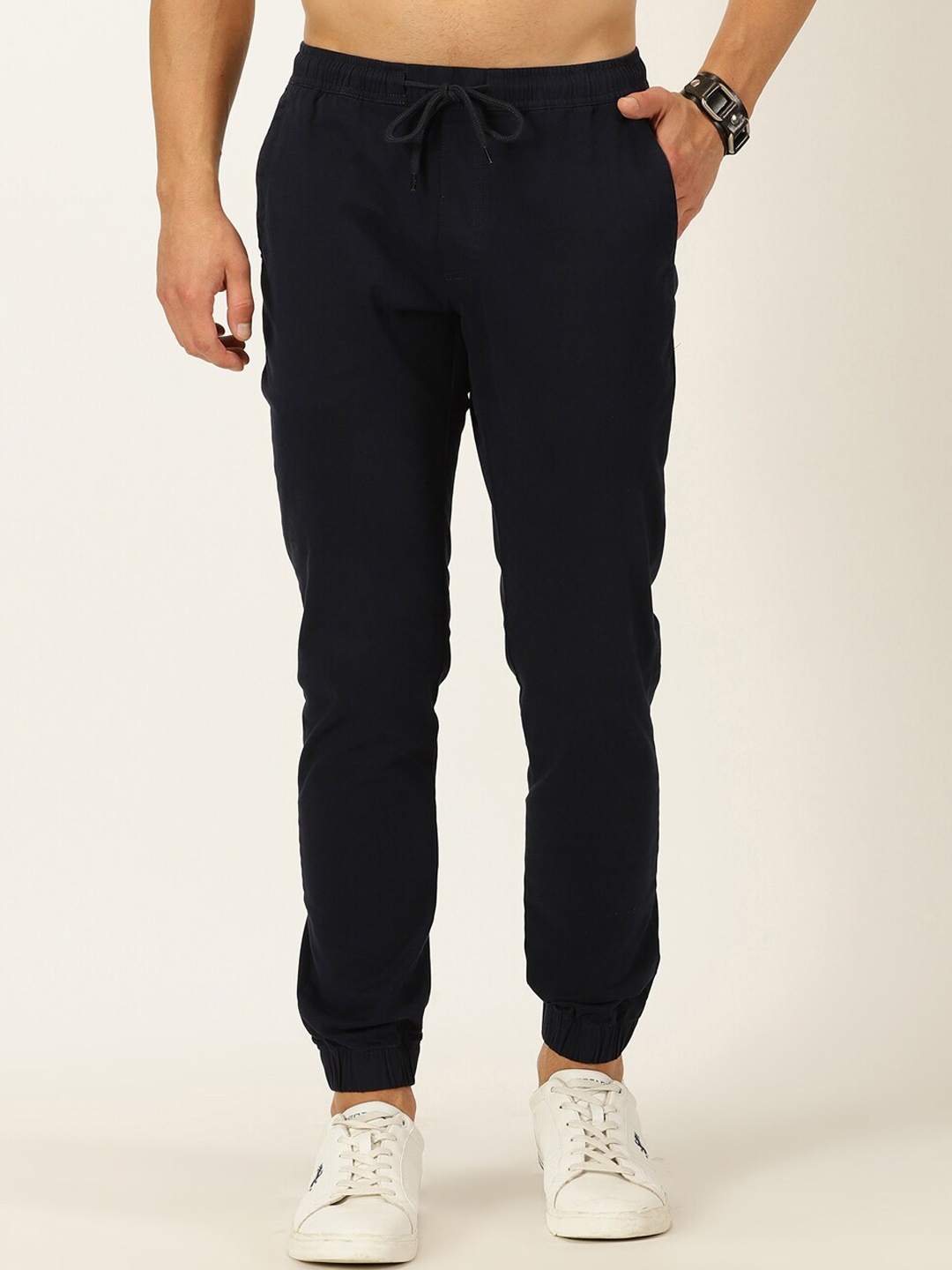 

Mast & Harbour Men Smart Regular Fit Easy Wash Cotton Joggers, Navy blue