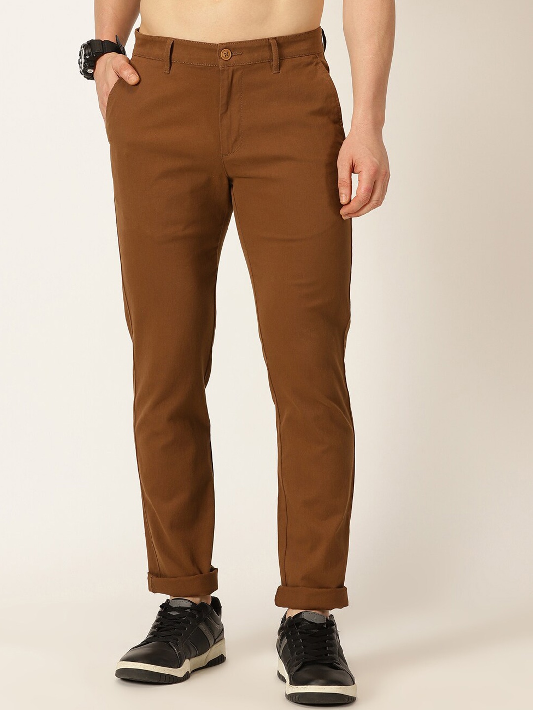 

Mast & Harbour Men Smart Mid-Rise Easy Wash Chinos Trousers, Brown