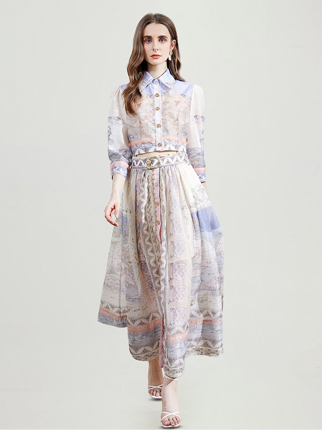 

JC Collection Printed Shirt Style Top & Midi Flared Skirt, Off white