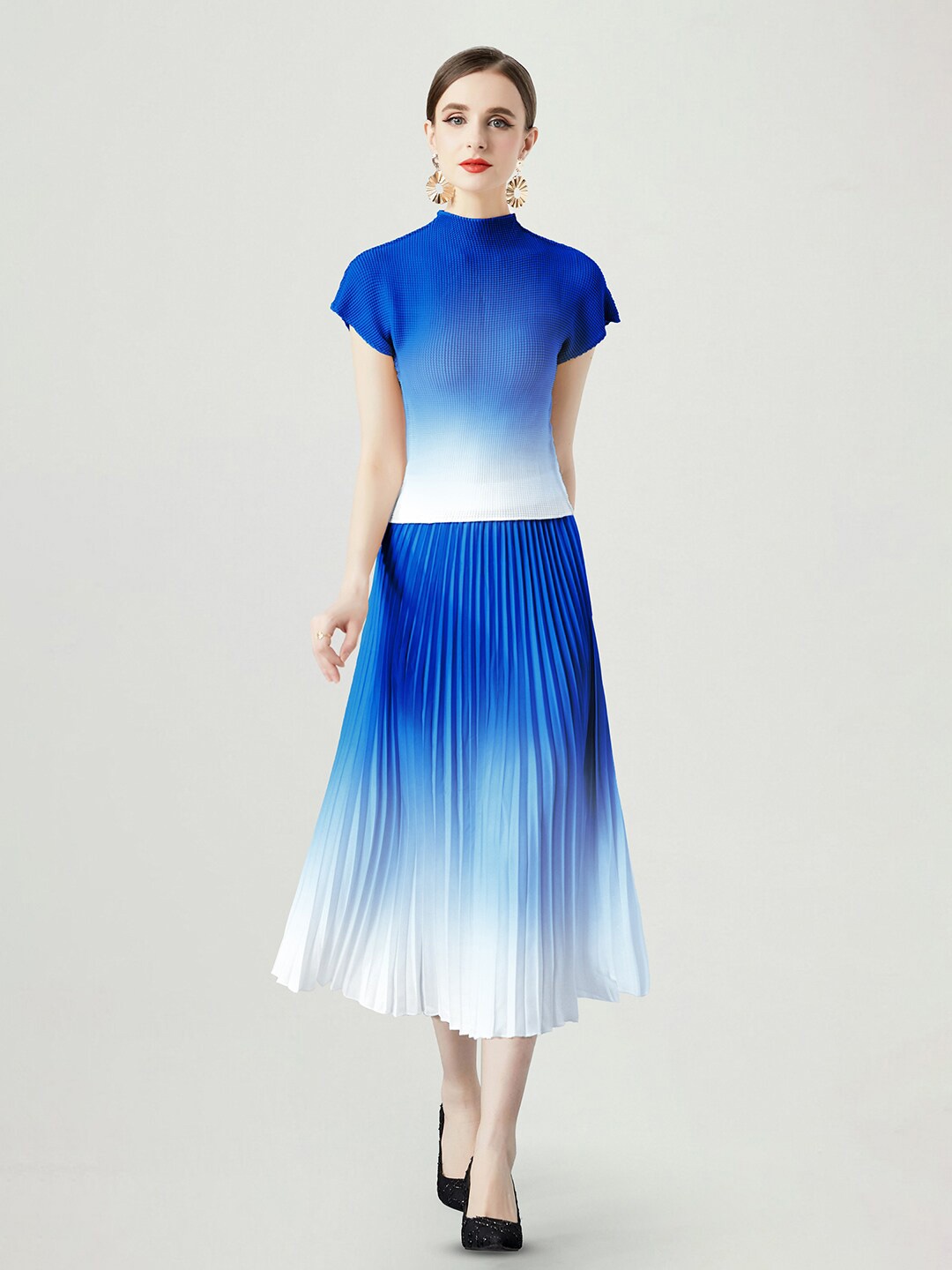 

JC Collection Ombre Dyed Top & Midi Accordion Pleated Skirt, Blue