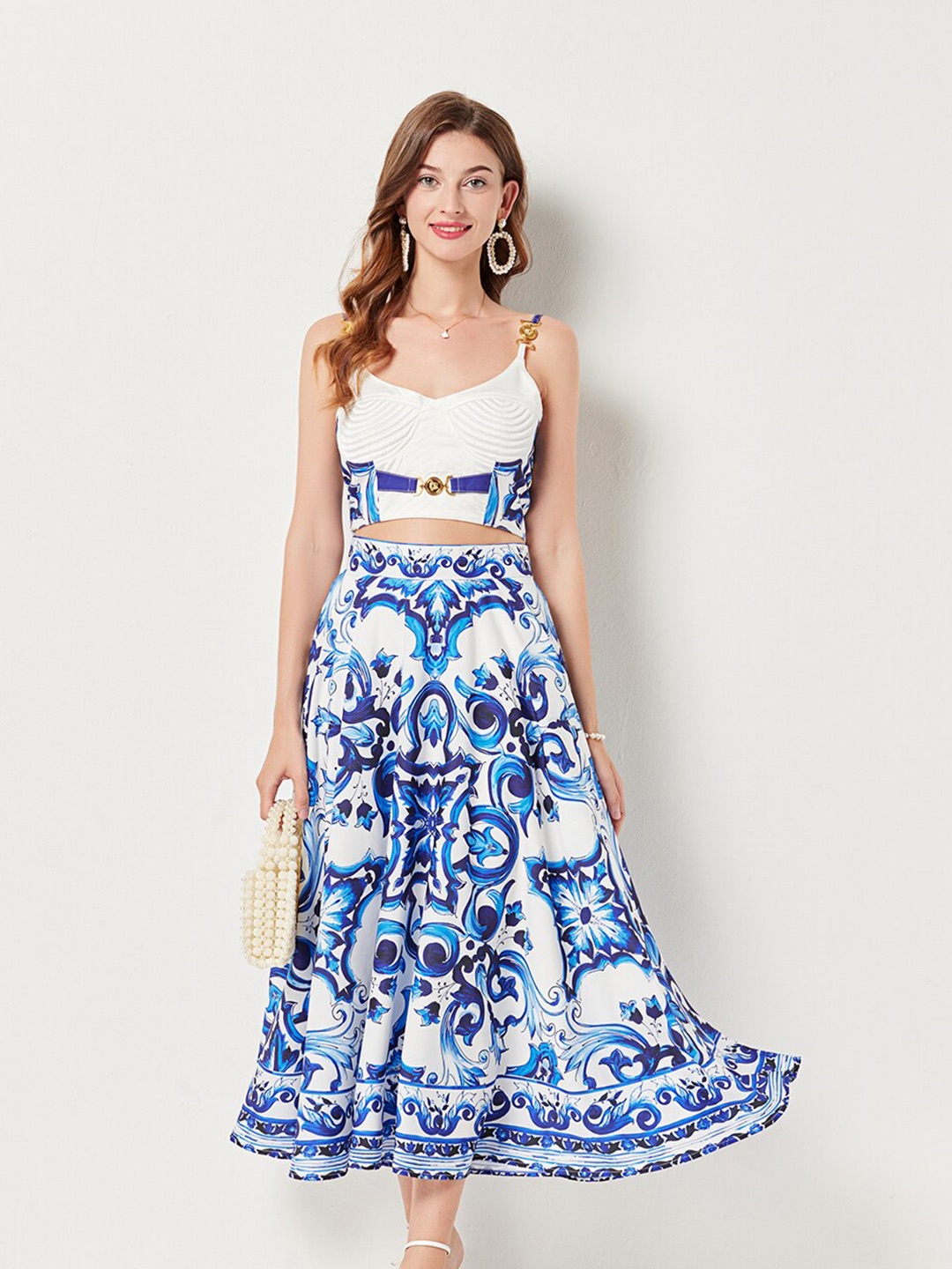 

JC Collection Printed Top & A-Line Skirt, Blue