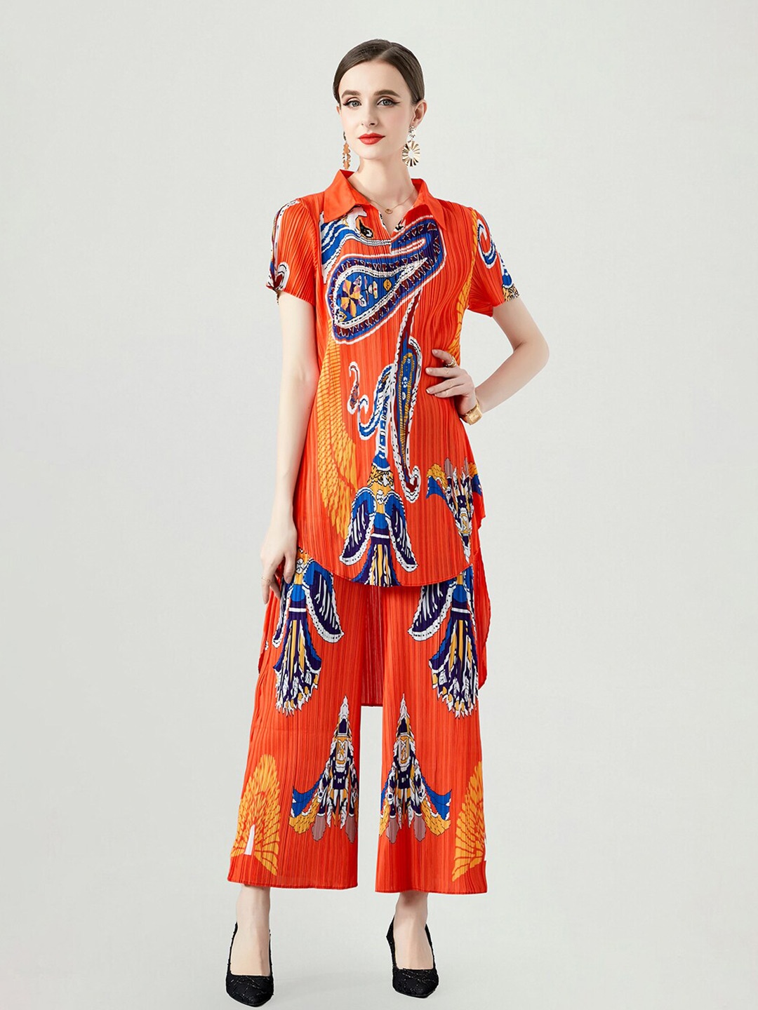 

JC Collection Printed Shirt Collar Tunic & Palazzos, Orange