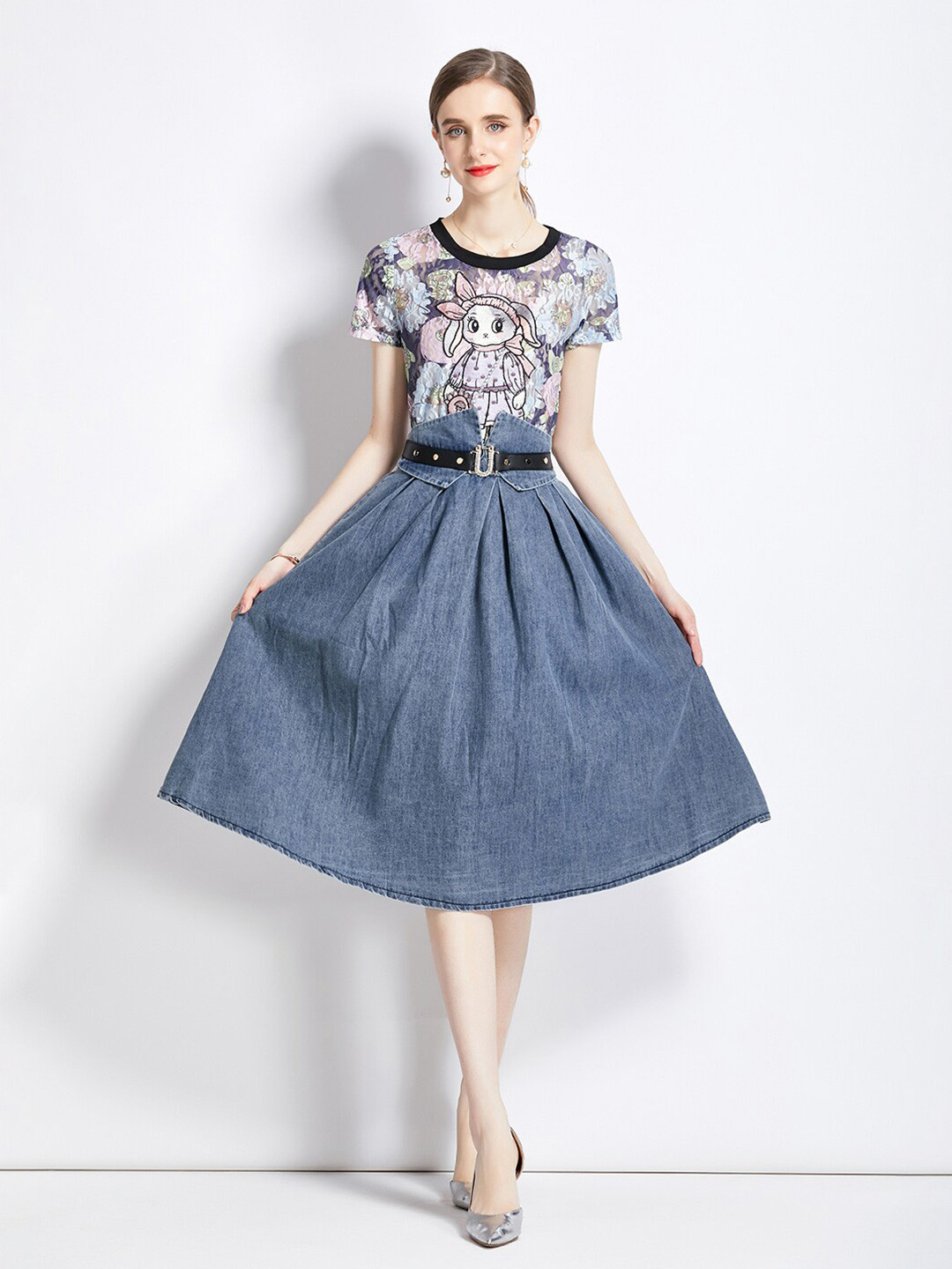 

JC Collection Graphic Printed Top & Denim A-Line Skirt With Belt, Blue