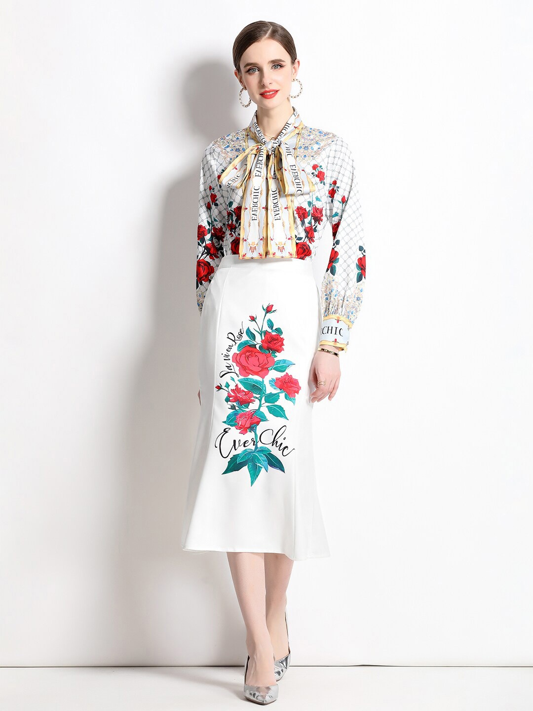 

JC Collection Floral Printed Shirt Style Top & Midi Skirt, White