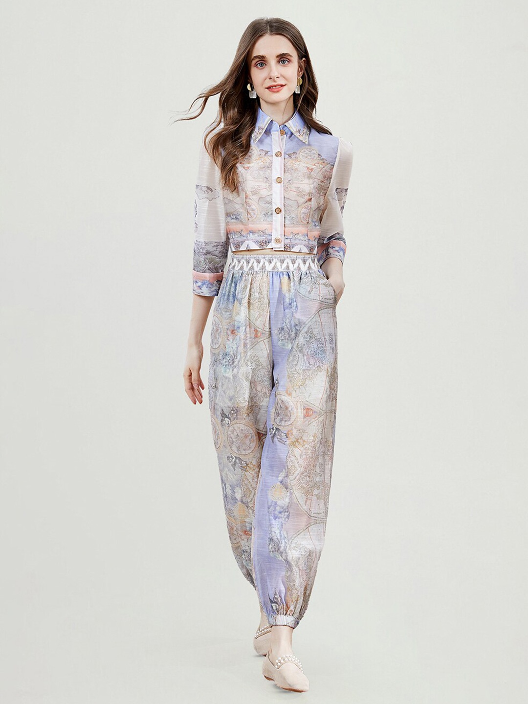 

JC Collection Printed Shirt Style Crop Top & Trousers, Off white