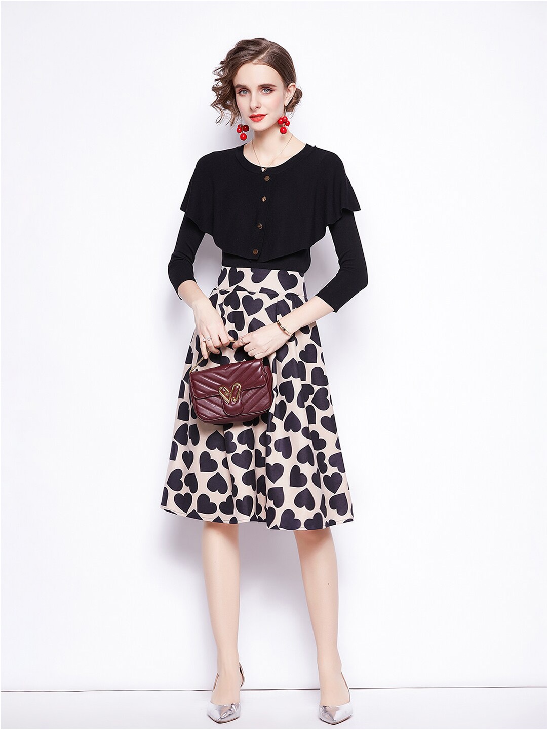 

JC Collection Top & Printed A-line Skirt Co-ords Set, Black