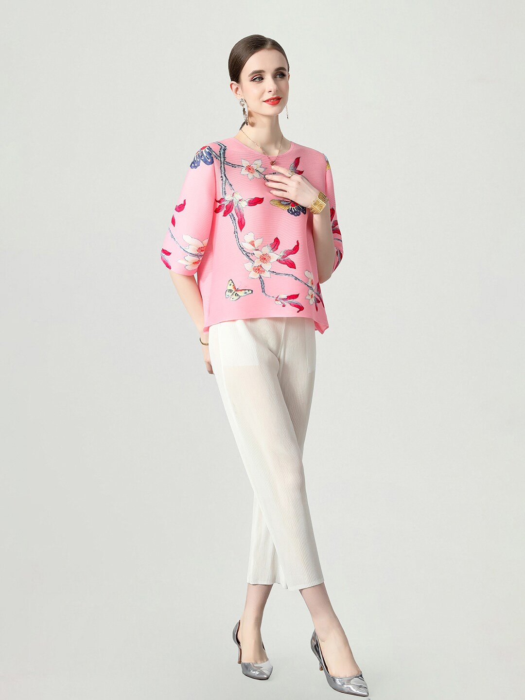 

JC Collection Floral Printed Top & Cropped Trousers, Pink