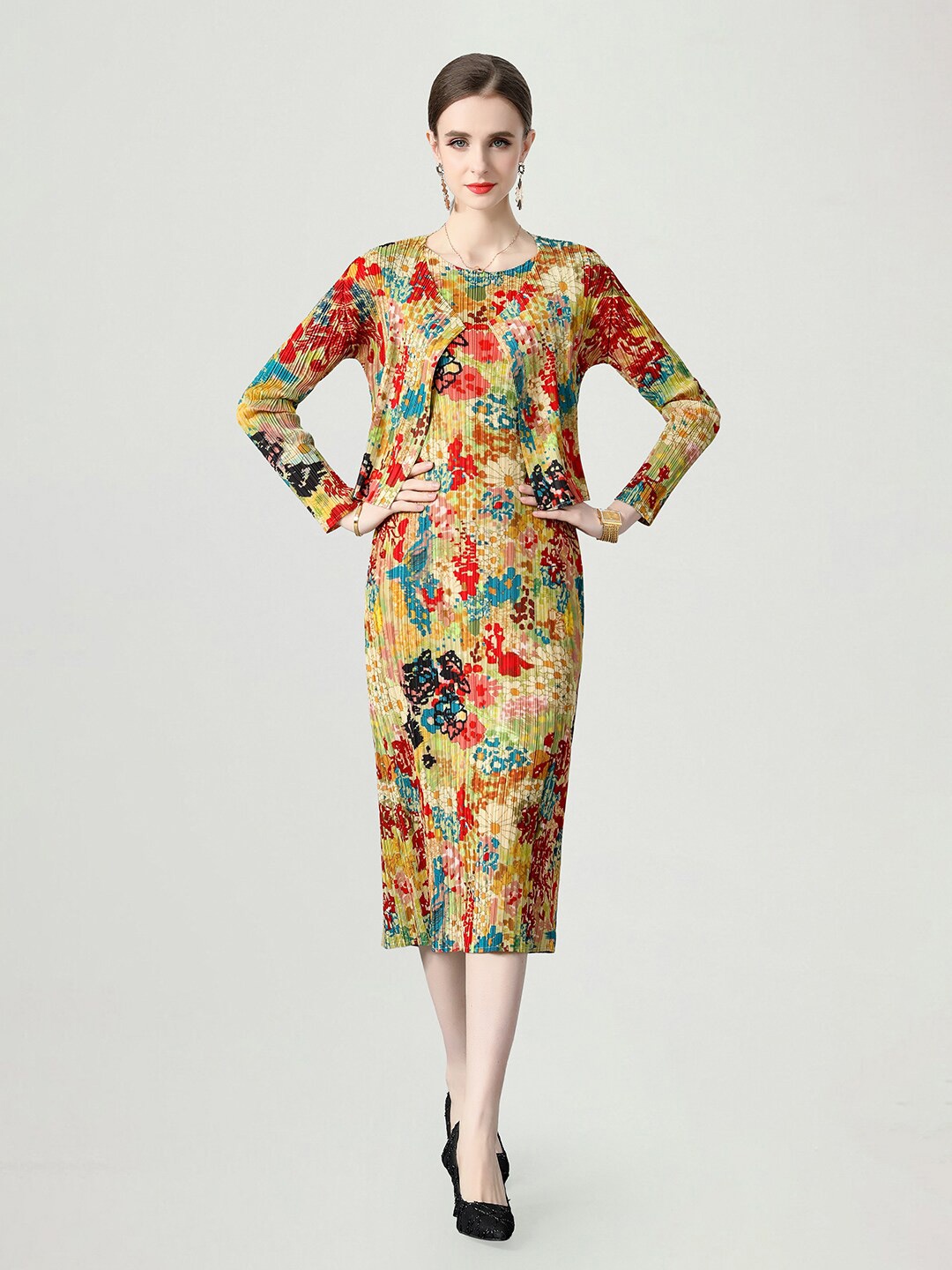 

JC Collection Floral Printed Sheath Midi Dress With Shrug, Mustard