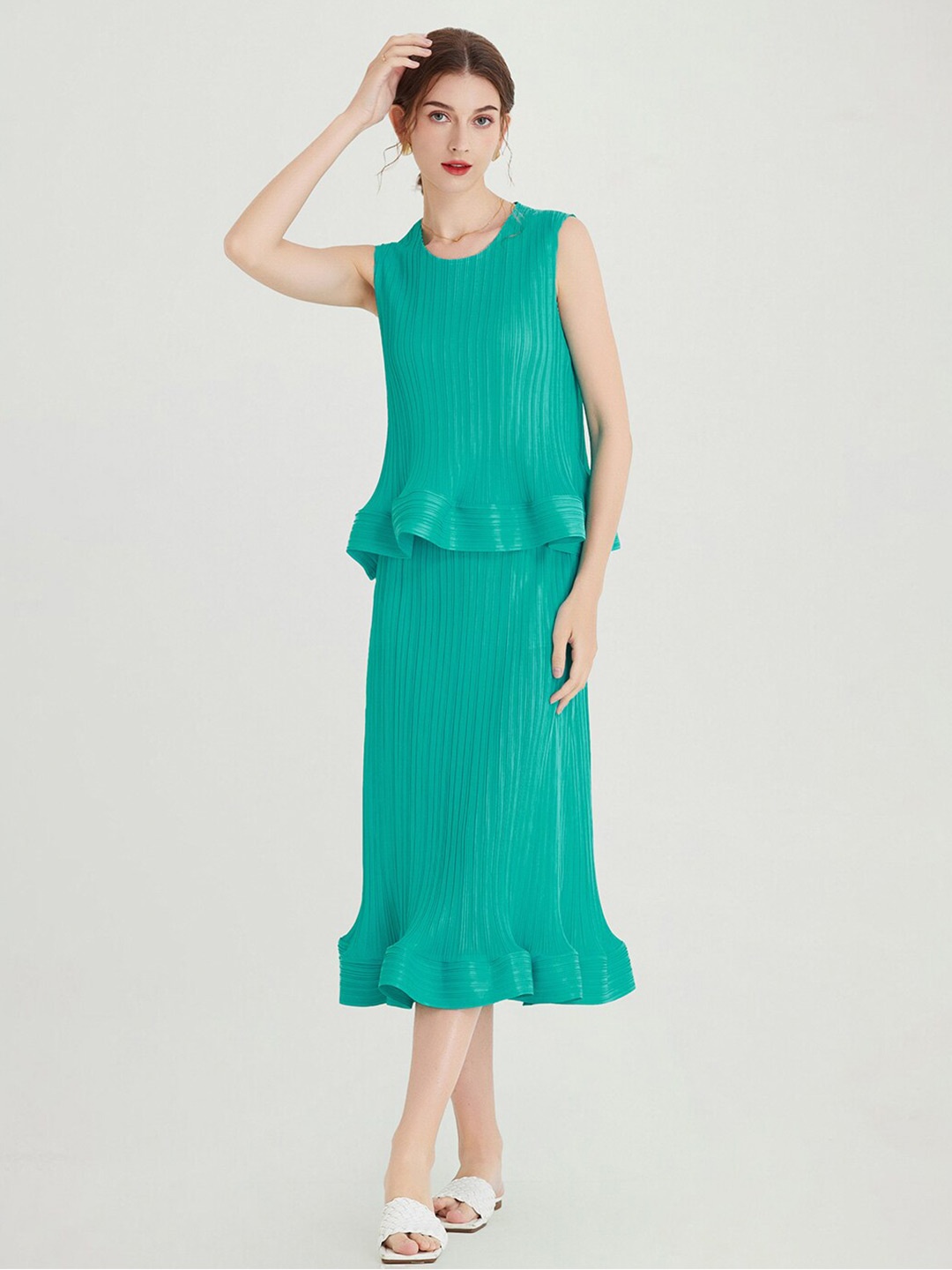 

JC Collection Accordion Pleated Top & Midi Skirt, Teal