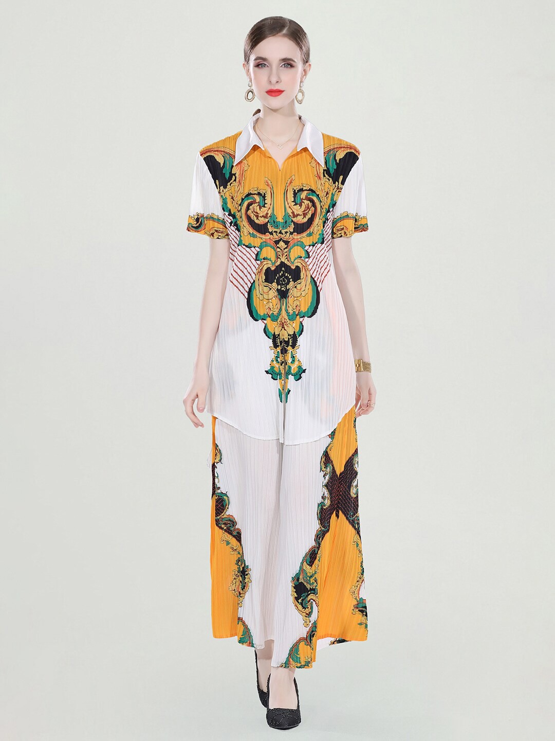 

JC Collection Ethnic Motifs Printed Tunic With Palazzos Co-Ords, Yellow