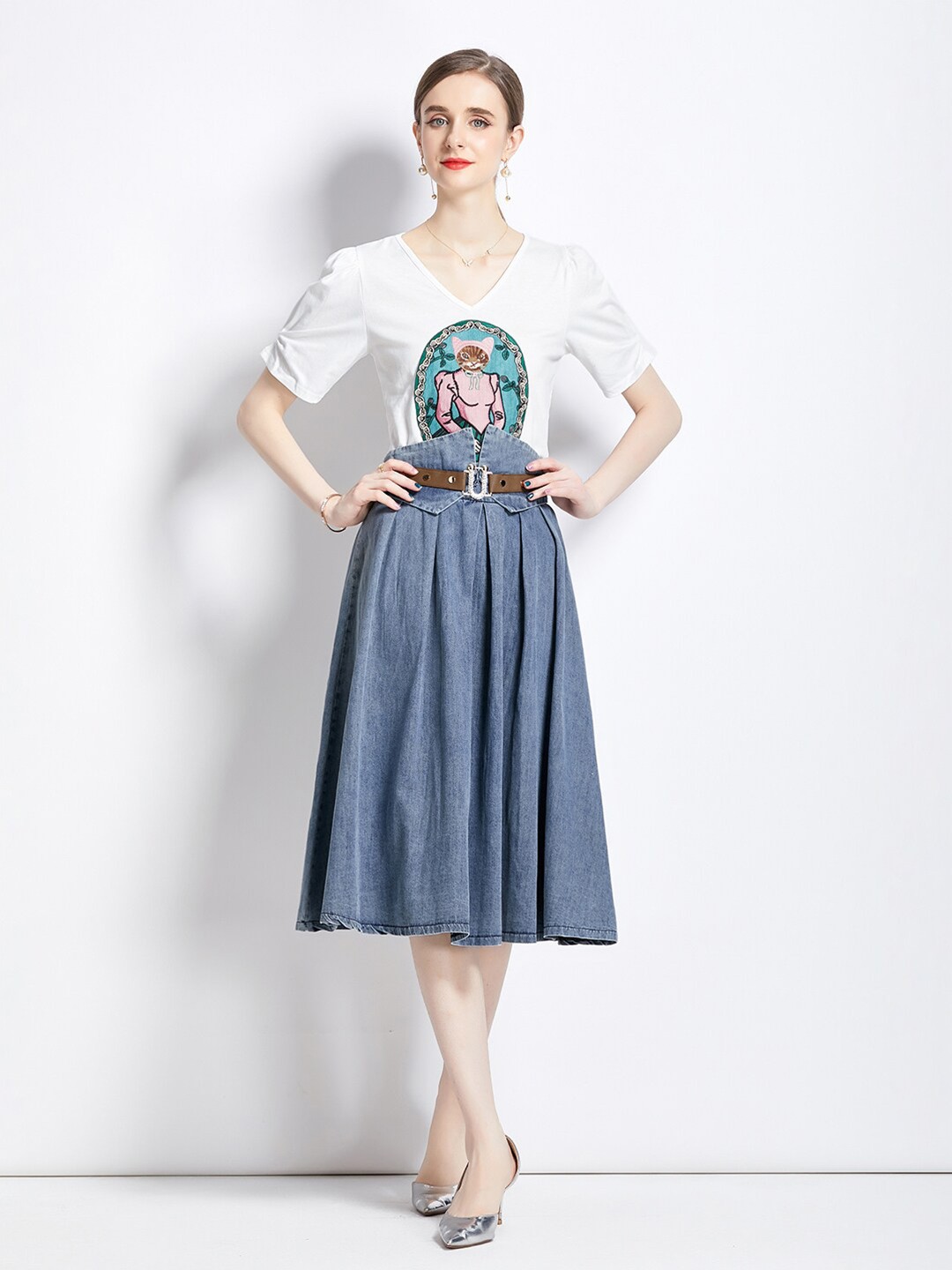 

JC Collection Graphic Printed Top & A-Line Skirt, White