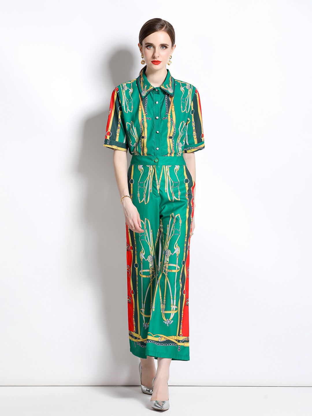 

JC Collection Printed Shirt Collar Shirt & Trouser, Green