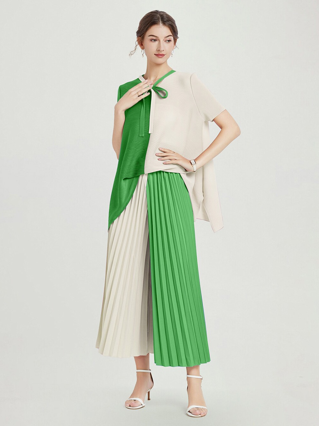 

JC Collection Colourblocked Tie Up Neck Top & Palazzo, Green