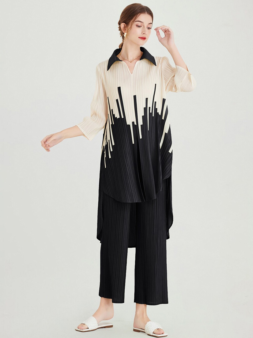 

JC Collection Colourblocked Shirt Collar Tunic & Palazzos, Black