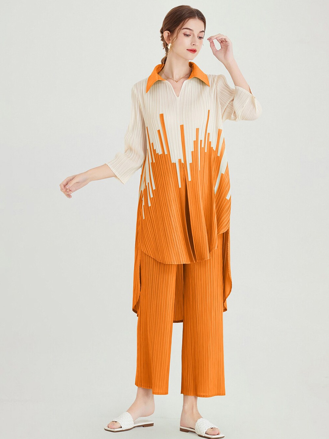 

JC Collection Colourblocked Shirt Collar Tunic & Palazzo, Orange