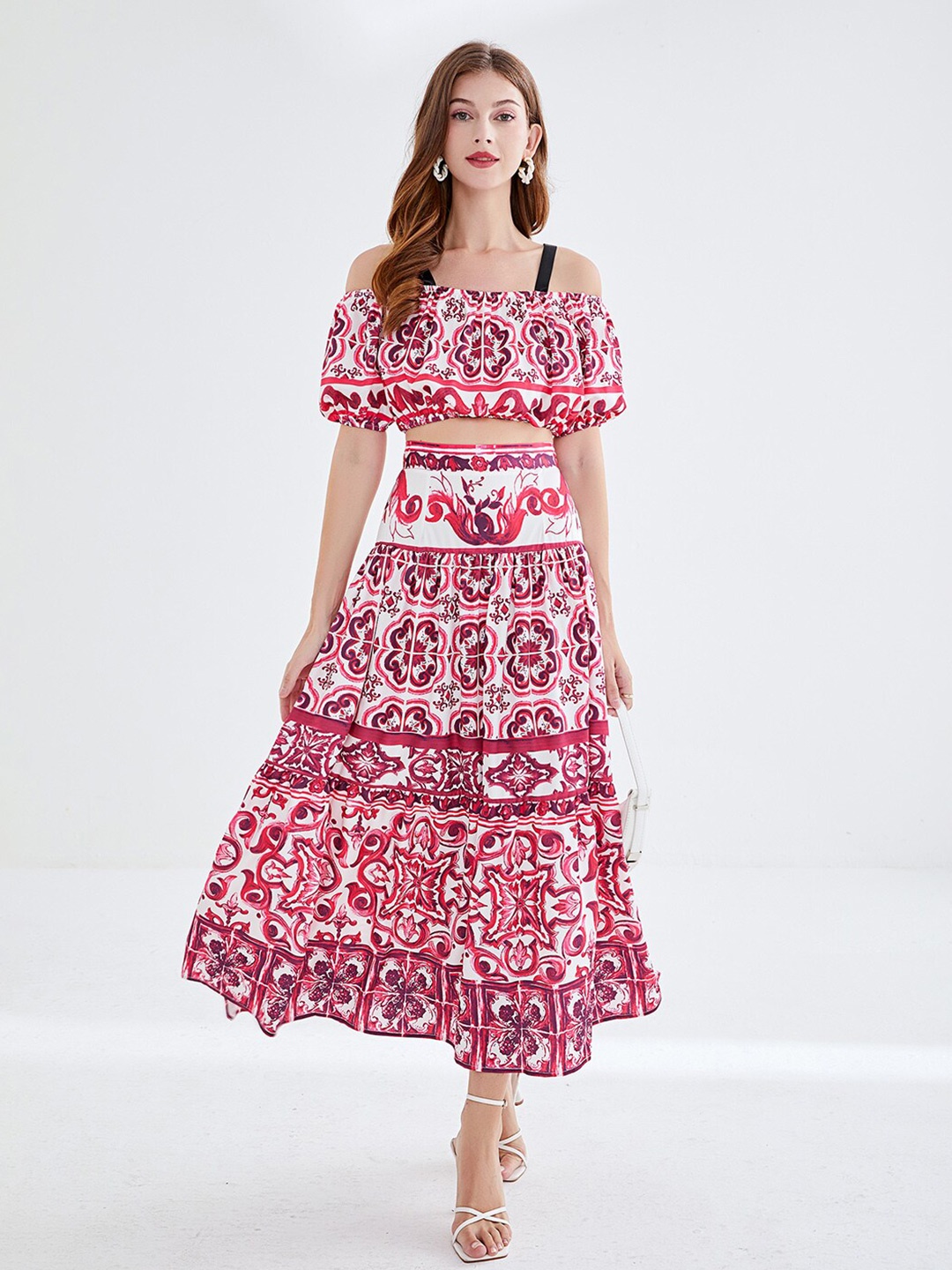 

JC Collection Floral Printed Crop Top & Skirt, Red