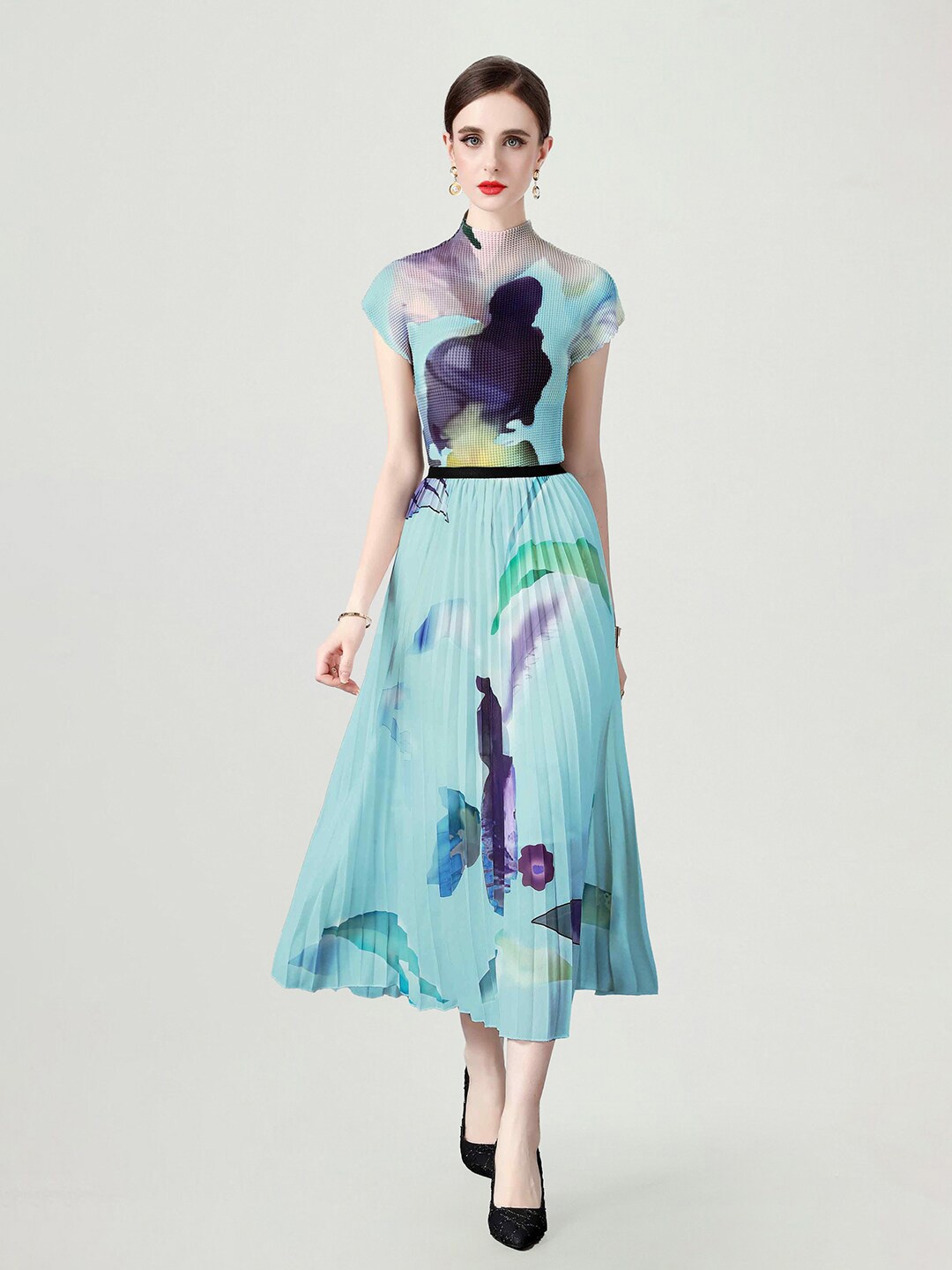 

JC Collection Printed High Neck Top & Midi Skirt Co-ords Set, Green