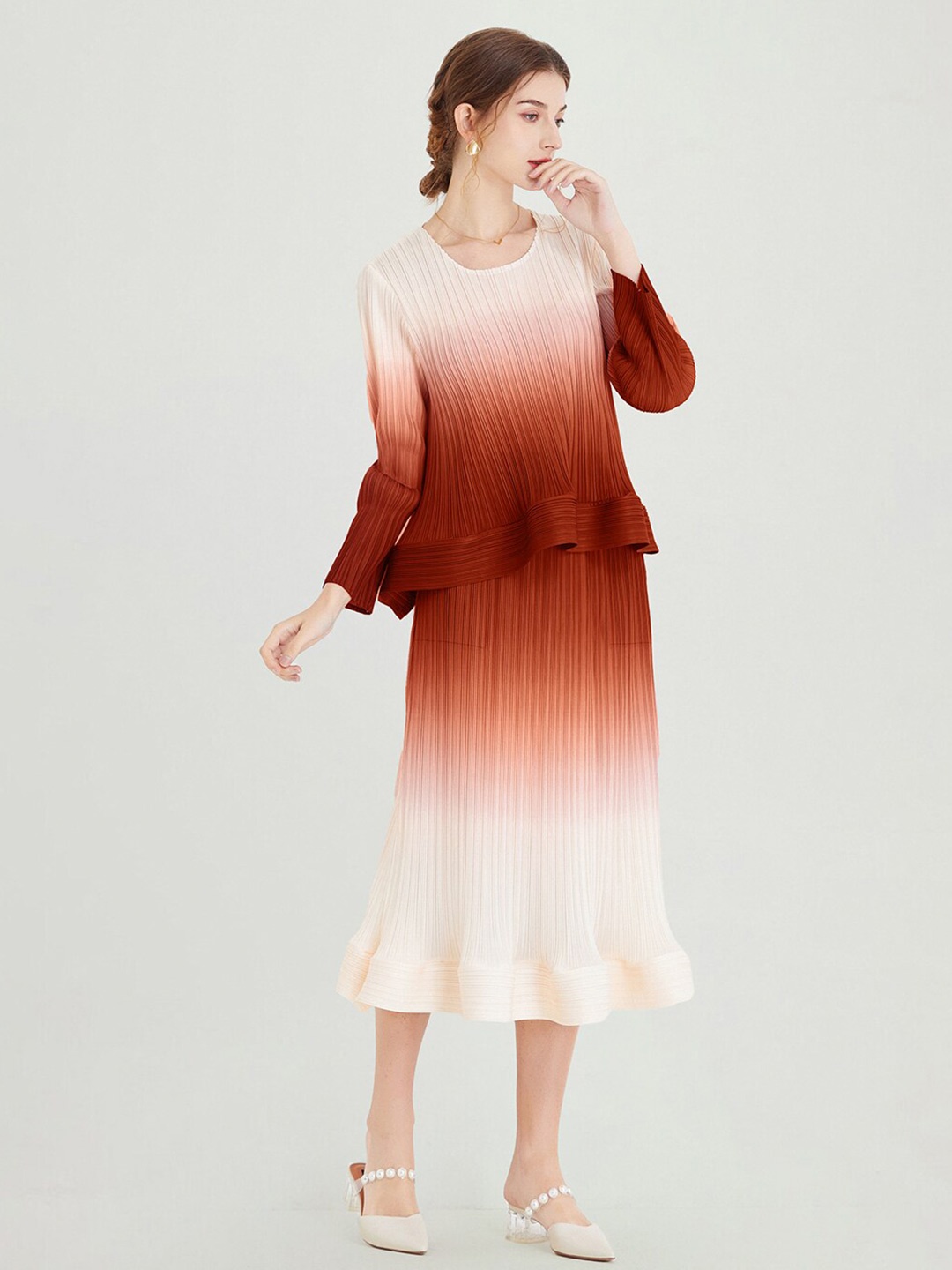 

JC Collection Self Design Long Sleeves Round Neck Top & Skirt, Brown