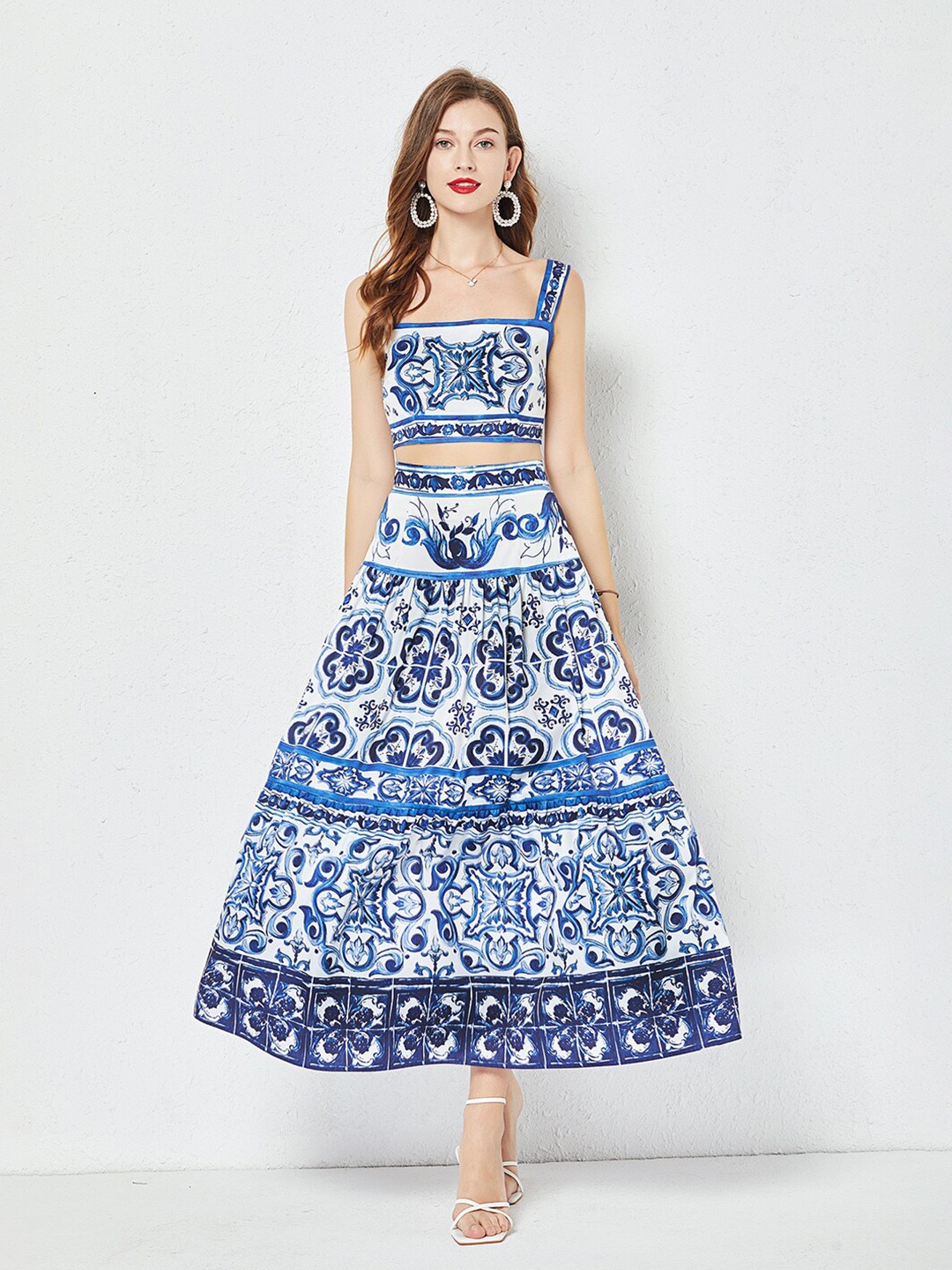 

JC Collection Printed Shoulder Straps Crop Top & Midi Skirt, Blue