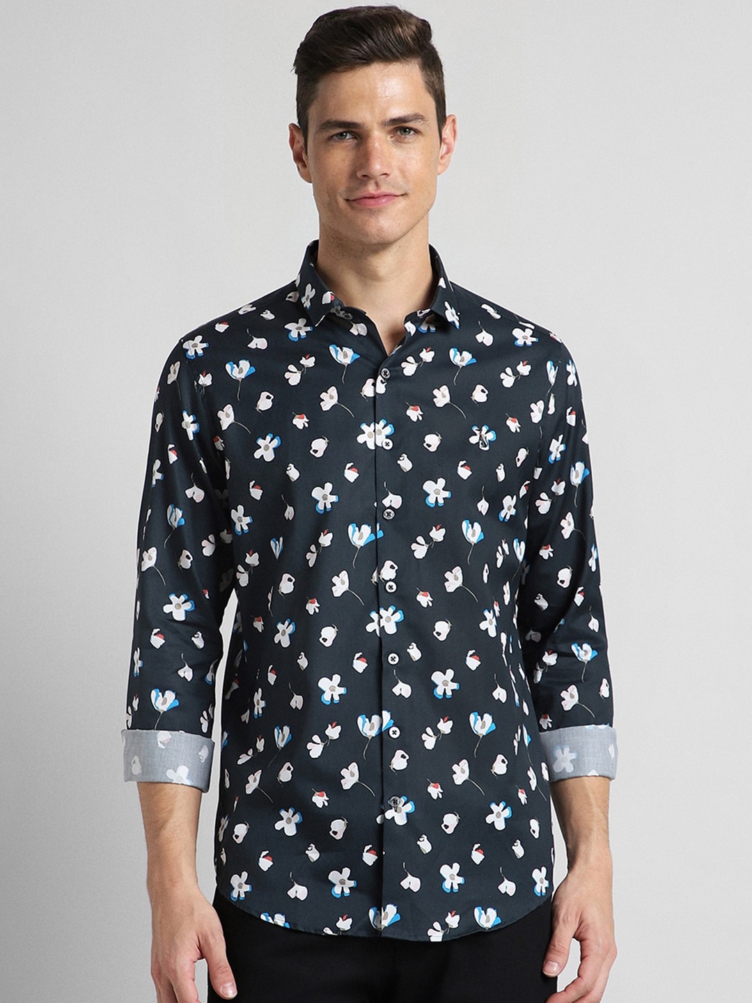 

SIMON CARTER LONDON Floral Printed Pure Cotton Slim Fit Casual Shirt, Navy blue