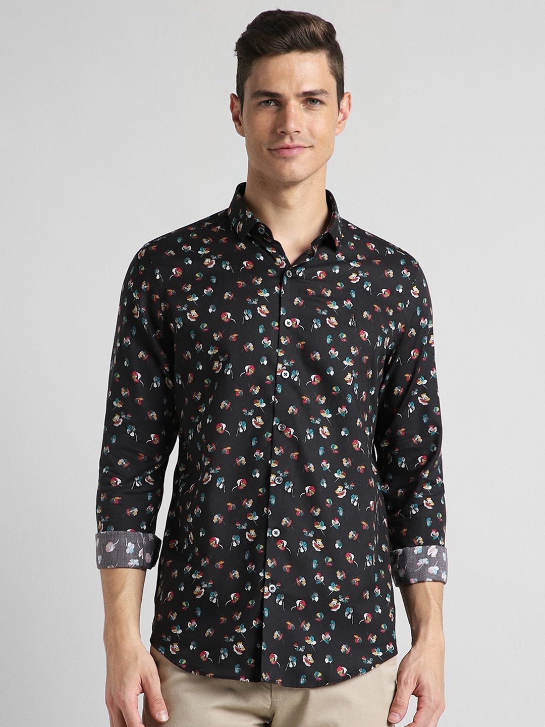 

SIMON CARTER LONDON Slim Fit Floral Printed Pure Cotton Casual Shirt, Black