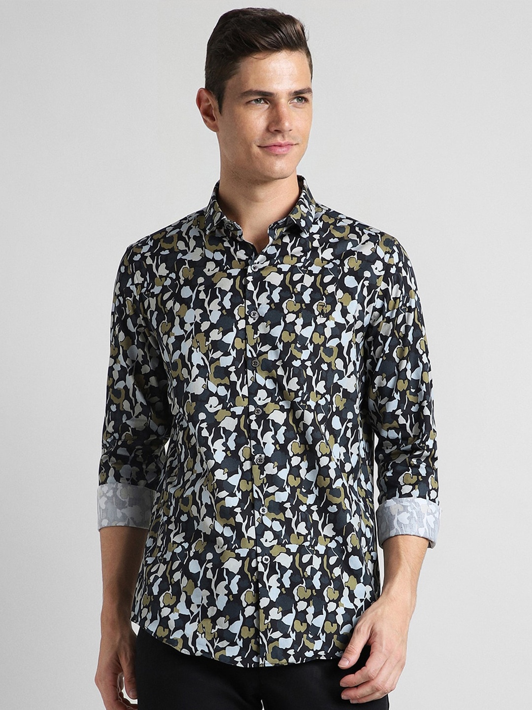 

SIMON CARTER LONDON Floral Printed Pure Cotton Slim Fit Casual Shirt, Grey