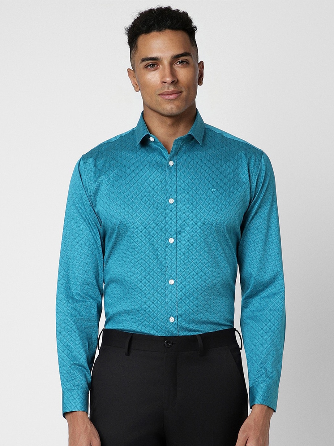 

V Dot Slim Fit Geometric Printed Spread Collar Long Sleeves Party Shirt, Blue