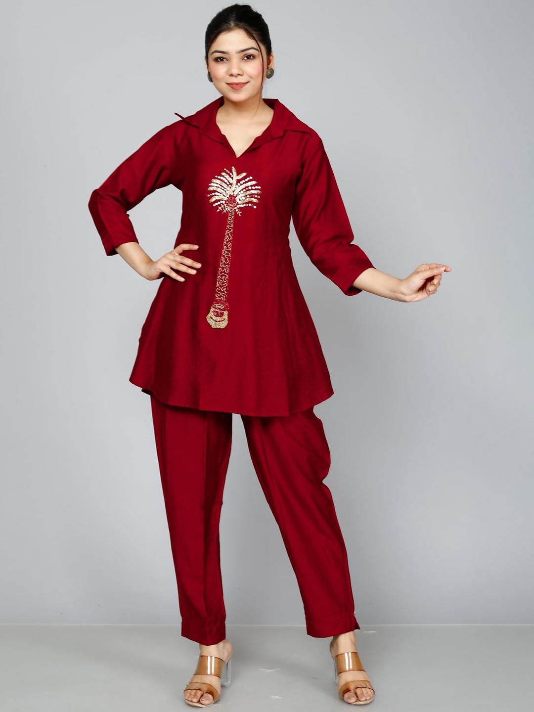 

JC4U Embroidered Beads & Stones Shirt Collar A-Line Kurti With Trousers, Maroon