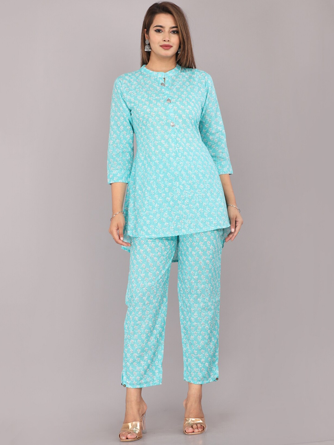 

JC4U Floral Printed Pure Cotton Tunic With Trousers, Blue